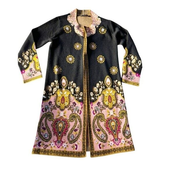Max Sport Woman's Sz M Black Pink Gold Paisley Floral Long Duster Cardigan - Picture 10 of 11